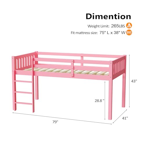 JOYMOR Twin Loft Bed Low Loft Bed Frame for Little Kids Small Room/Low Ceiling Bedrrom with Guardrail and Ladder, White
