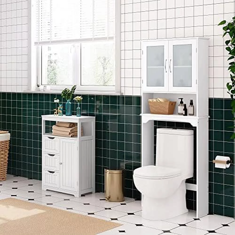TJUNBOLIFE Over The Toilet  with 2-Door Tempered Glass Cabinet  Wooden Space-Saving with Toilet Rack and Inner Adjustable   L25xW9xH66  Navy Blue