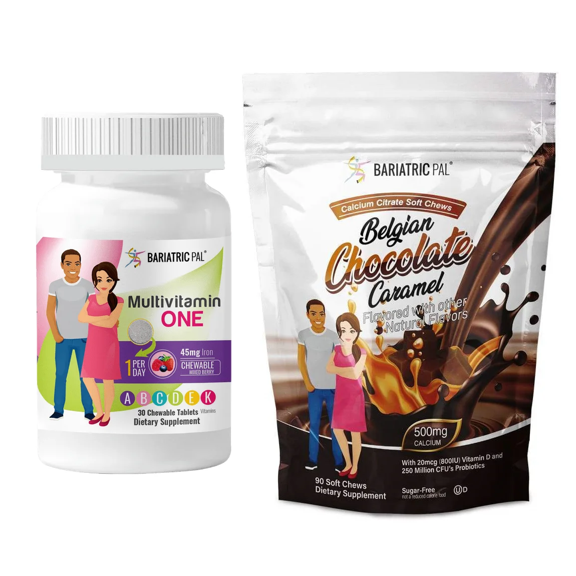 Gastric Sleeve Complete Vitamin Pack - Chewables Size: 1-Month Supply, BariatricPal Multivitamin ONE: Mixed Berry Chewable with 45mg Iron, BariatricPal Calcium Citrate Chews: Belgian Chocolate Caramel