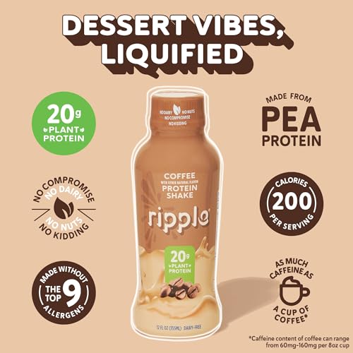 Ripple Vegan Protein Shake | Chocolate | 20g Nutritious Plant Based Pea Protein | Shelf Stable | No GMOs, Soy, Nut, Gluten, Lactose | 12 Oz, 12 Pack
