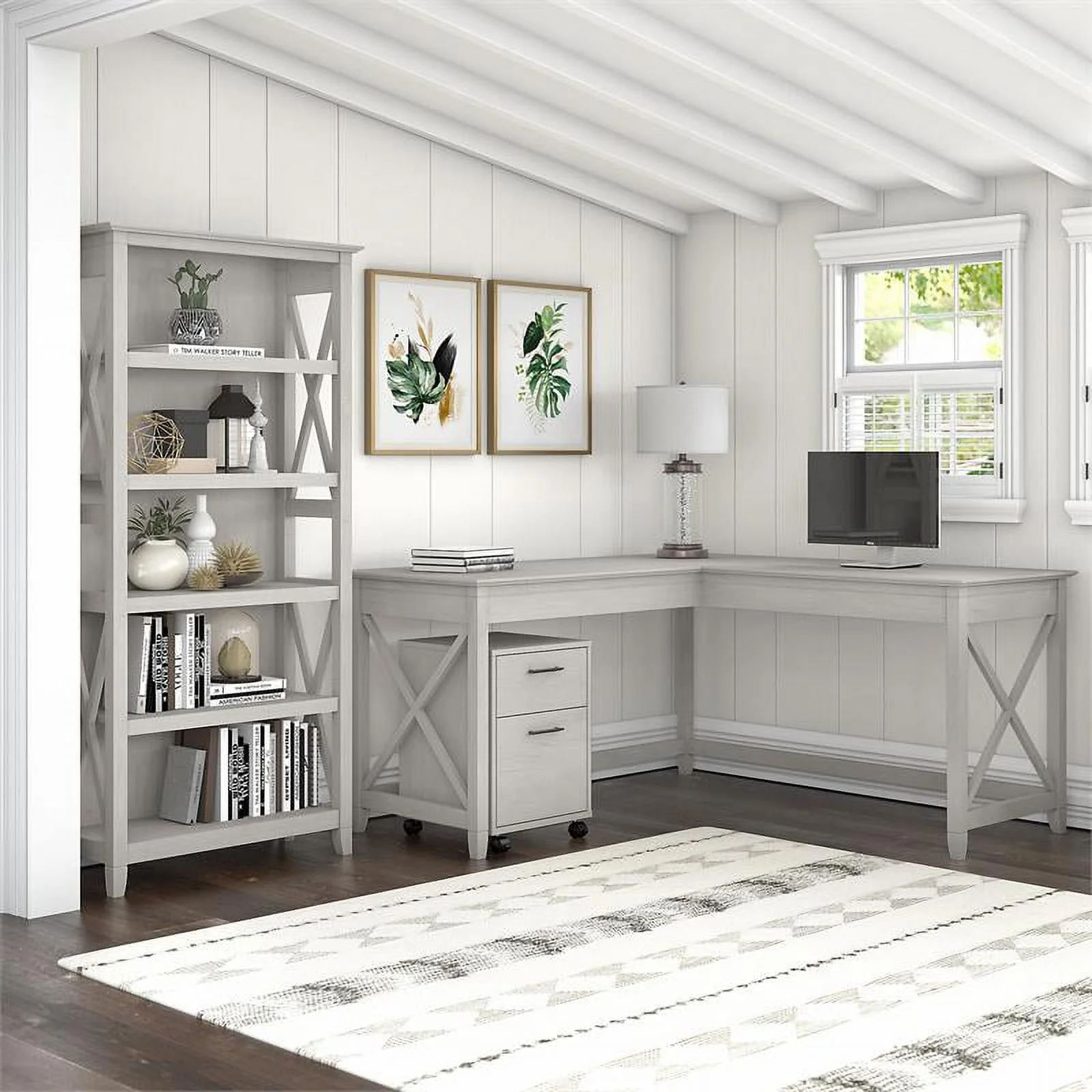 Pemberly Row L Shaped Desk with Drawers & Bookcase in White - Engineered Wood