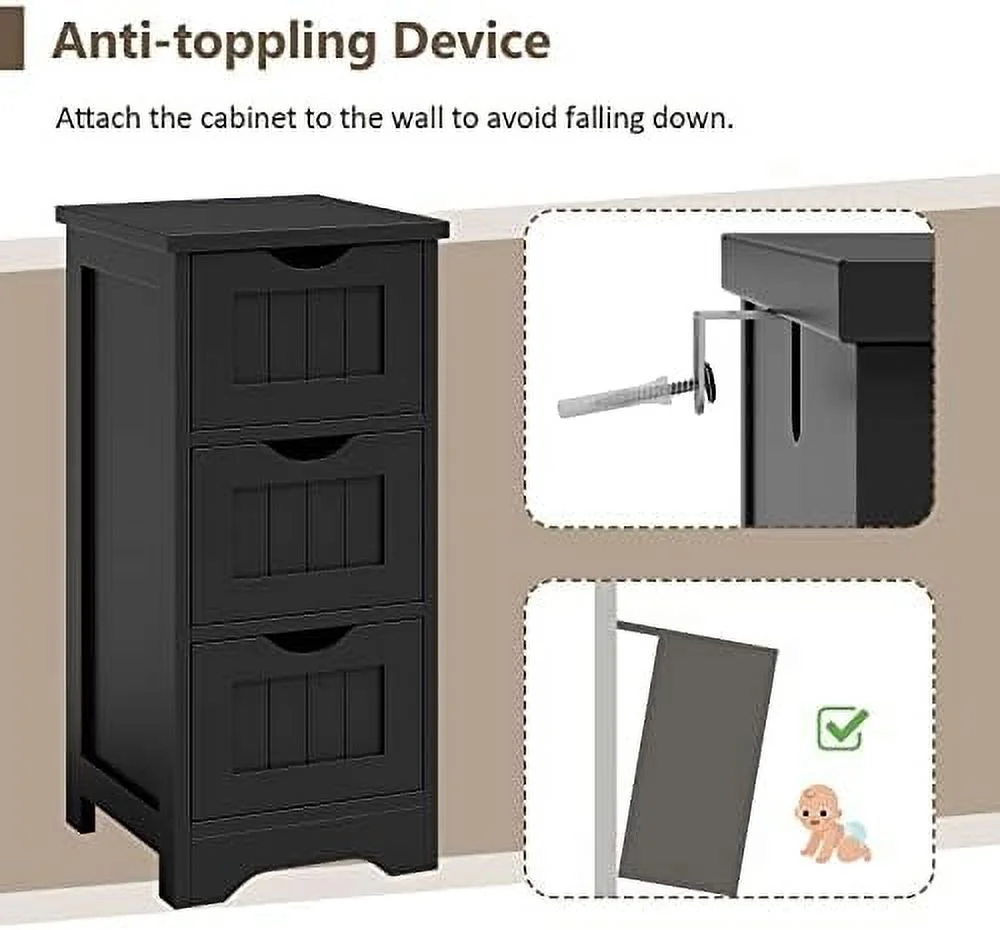 HJZBNONE Bathroom  Cabinet  Space-Saving Slim  Cabinet with 3 Drawers  Freestanding Wooden Narrow Floor Cabinet for Living Room Bathroom Bedroom Entryway (Black)