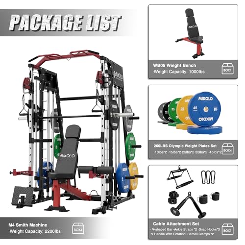 Mikolo Smith Machine, 2200lbs Squat Rack with LAT-Pull Down System & Cable Crossover Machine, Training Equipment with Leg Hold-Down Attachment