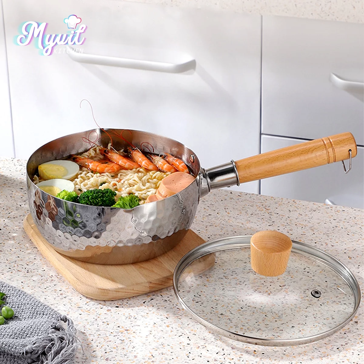20cm Myvit Snow Pot soup pot Non-Stick Pan with Lid Kitchen Stainless Steel Milk Pot Kitchen Japanese wooden handle Cookware Saucepan
