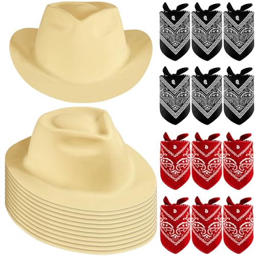 Haysandy 24 Pieces Western Cowboy Hat Set, Felt Cowboy Themed Party Hats with Paisley Bandanas for Kids Costume Party(Brown, Red, Blue)