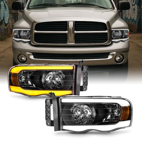 AKKON -Fits 2002-2005 Dodge Ram 1500/2500/3500 Black Headlight Pair w/LED Greeting Lamp Switchback DRL Sequential Signal