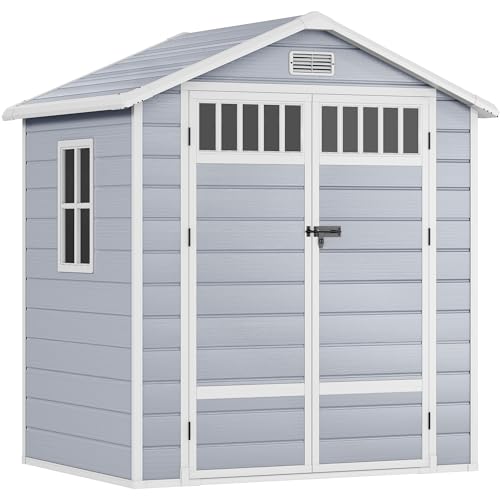 DWVO 6x4.4 FT Resin Storage Shed with Fence-Style and Side Windows, Lockable Door, and Vents for Garden, Backyard, Patio, Lawn, Gray