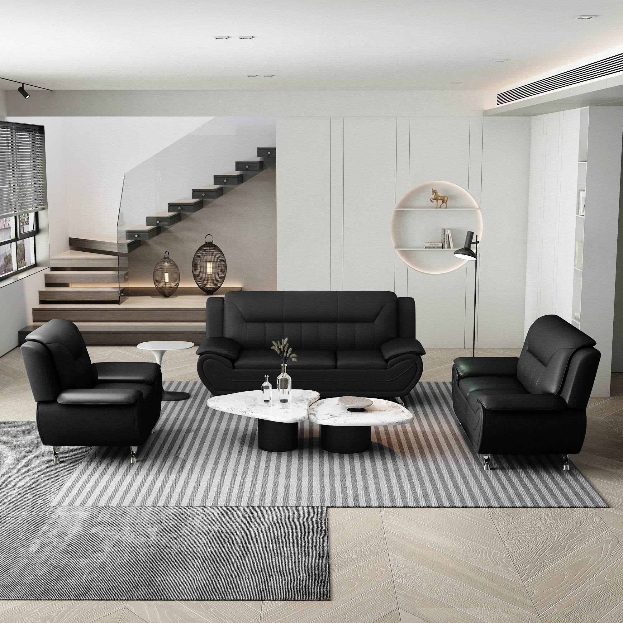 Uspridefurniture Sanuel  3Pcs Faux Leather Living Room Sets, Chair Loveseat Sofa,Black