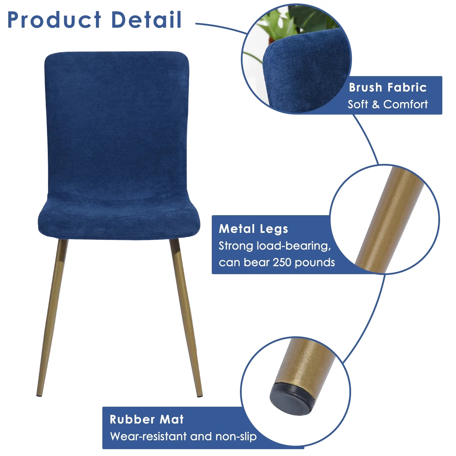 Homy Casa Modern Dining Chairs Set of 4, Upholstered Velvet Fabric Side Chairs with Gold Metal Legs, Navy Blue