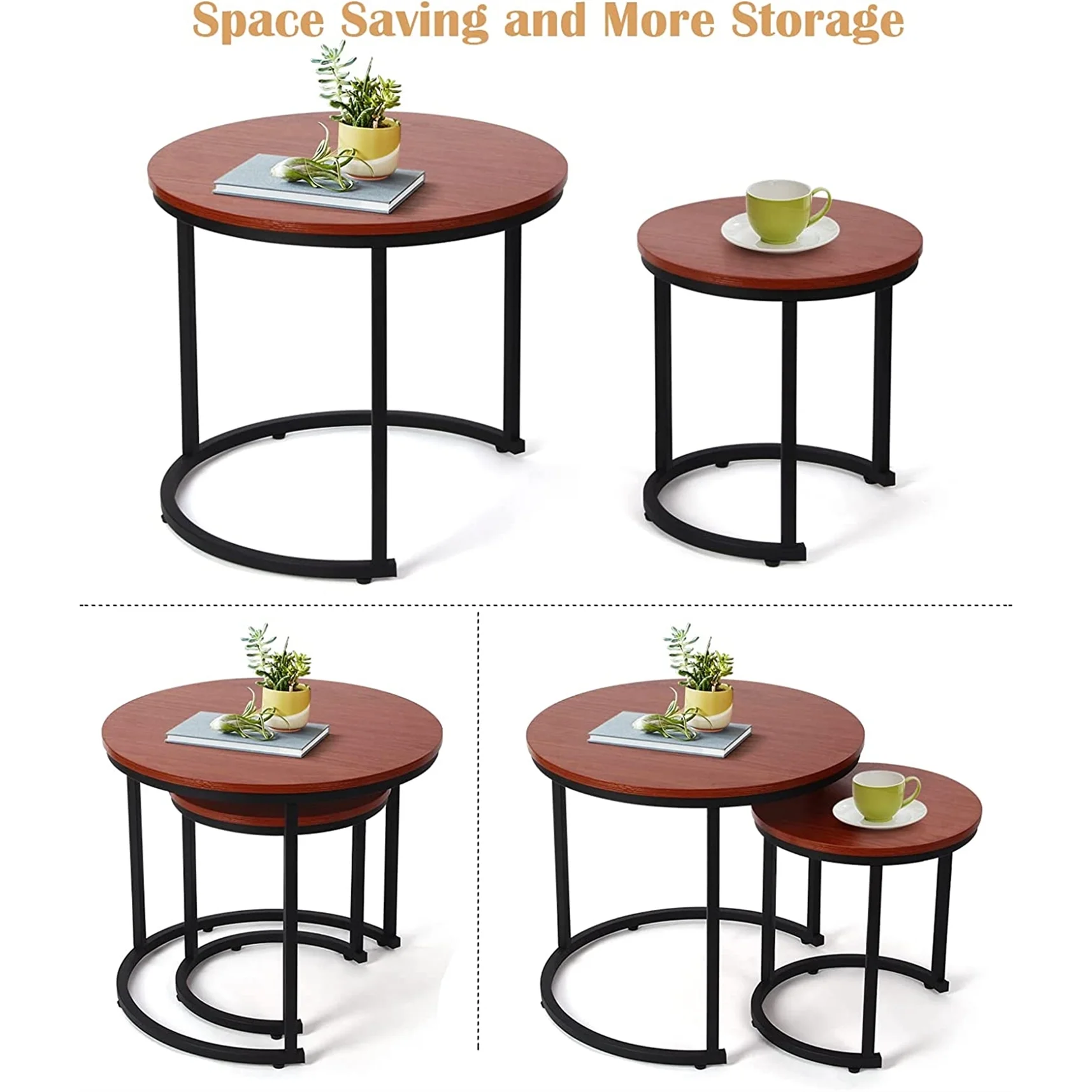 Modern Round Nesting Tables with Metal Frame (Set of 2) (White & Black)