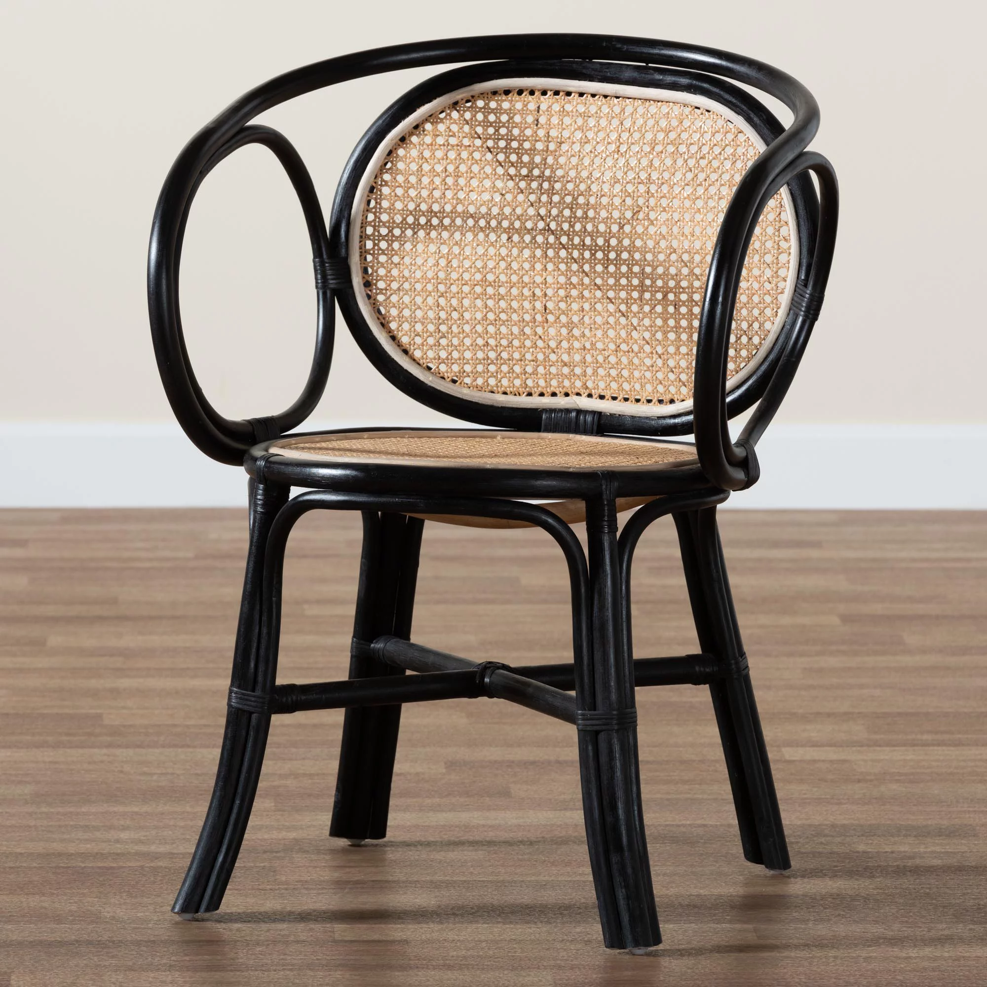 Baxton Studio Palesa Modern Bohemian Two-Tone Black and Natural Brown Rattan Dining Chair