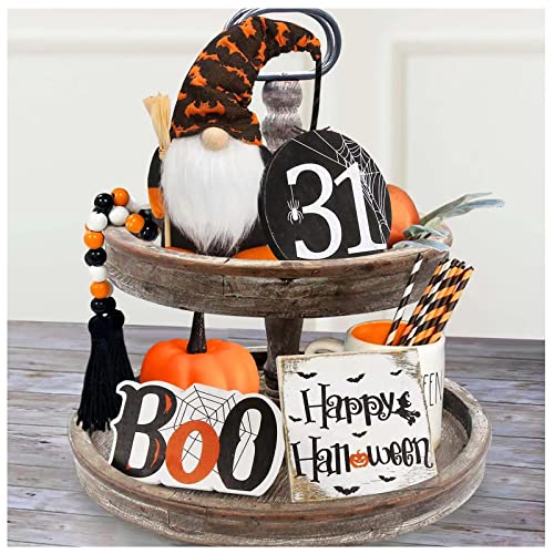 Halloween Decorations Indoor - Set of 3 DIY Spooky Ghosts Decor - BOO Happy Halloween Wooden Signs - Cute Gnomes Plush and Bead Garland - Farmhouse Rustic Tiered Tray Decor Items for Home Table Room