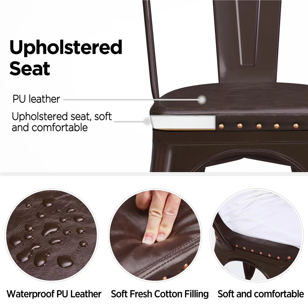 SMILE MART Industrial Metal Studded Dining Chair with Cushion, Set of 4, Brown