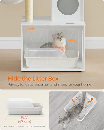 Feandrea Cat Tree with Litter Box Enclosure, 2-in-1 Modern Cat Tower, 55.1-Inch Cat Condo with Scratching Posts, Removable Pompom Sticks, Rustic Brown UPCT113X01