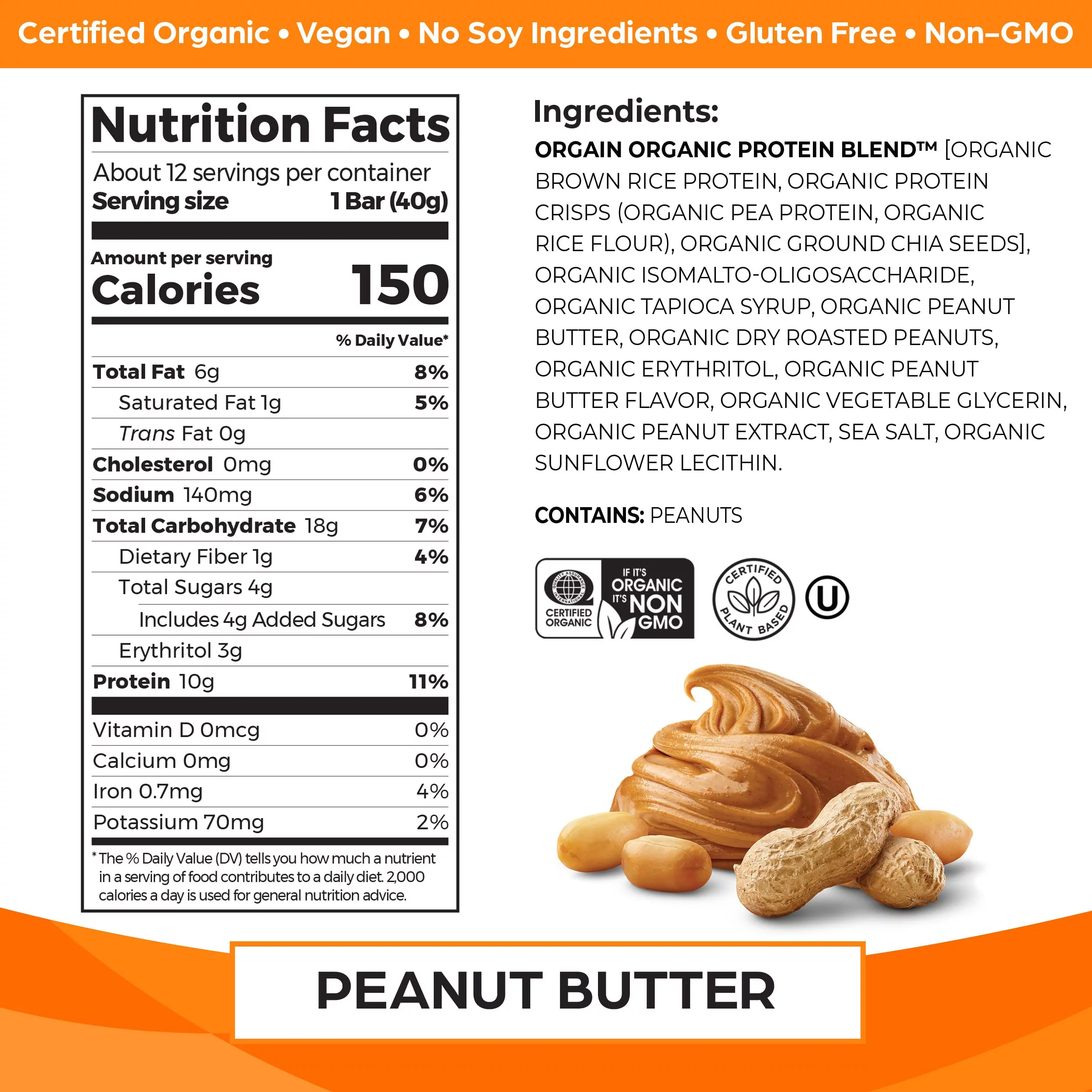 Orgain Organic Plant Based Protein Bar, Peanut Butter - 10G Of Protein, Vegan, Gluten Free, Non Dairy, Soy Free, Lactose Free, Kosher, Non-Gmo, 1.41 Ounce, 12 Count (Packaging May Vary)