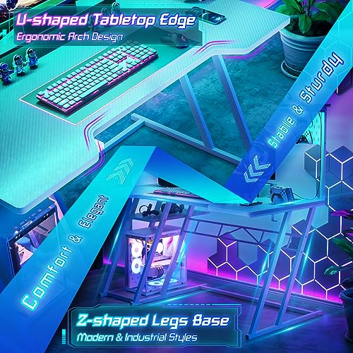 Armocity Gaming Computer Desk with Shelves and Outlets, Gaming Desk with Hutch and LED Lights, Reversible PC Gaming Desks with Pegboard, Carbon Fiber Black 47''