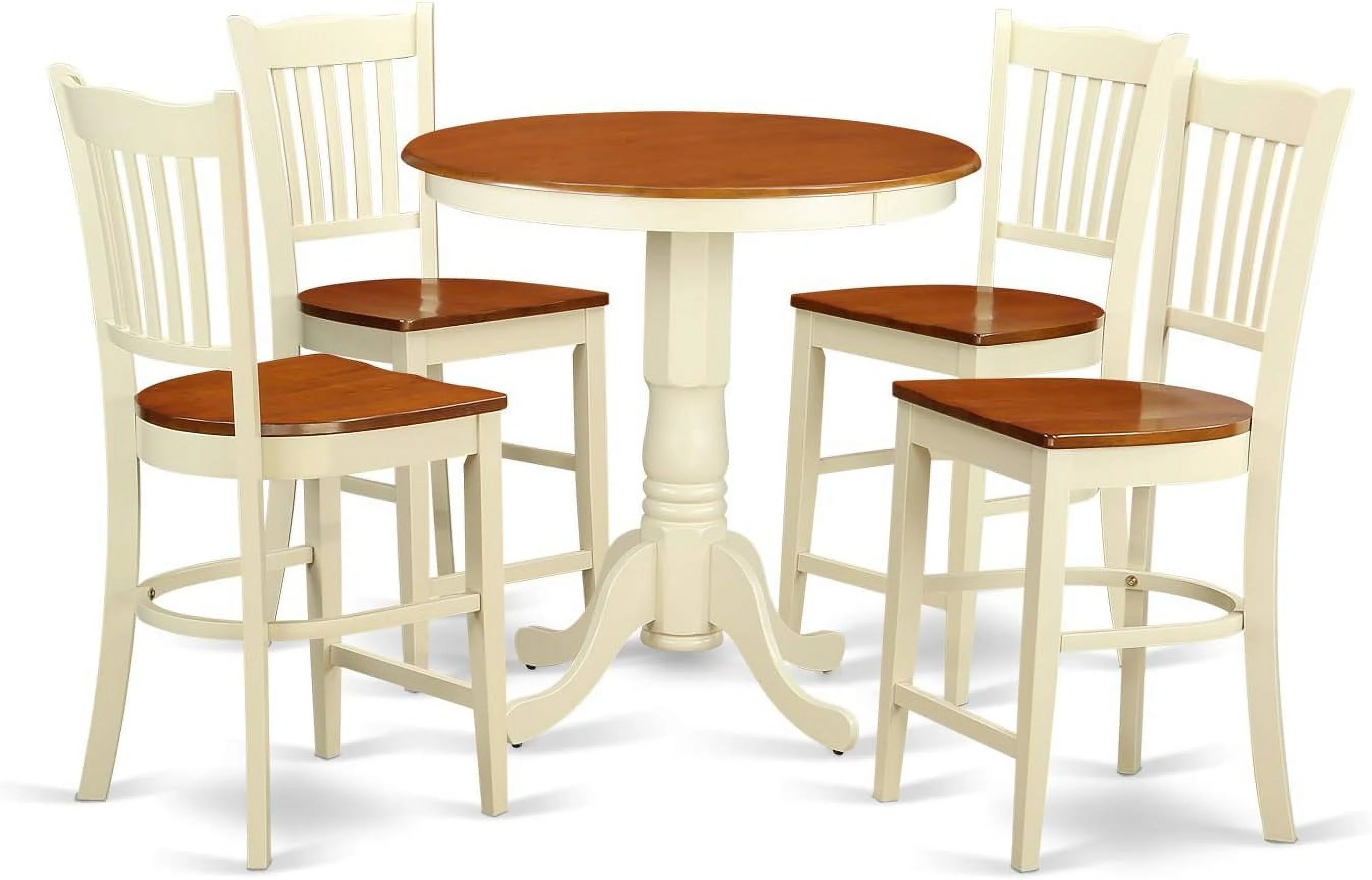 5 Piece Kitchen Counter Height Dining Table Set Includes A Round Wooden Table With Pedestal And 4 Dining Chairs, 30X30 Inch, Buttermilk & Cherry