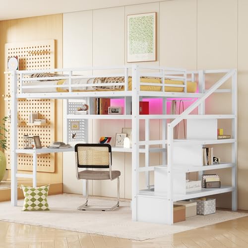 Full Size Loft Bed with Desk and Wardrobe, Metal Heavy Duty Loft Bed with Storage Stairs, LED Lights, USB Port, LoftBed Frames for Kids, Junior, Space Saving, Noise Free (Black, Full)