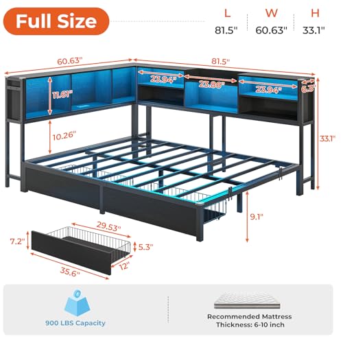 DICTAC Corner Twin Bed Frame with Bookcase Storage and Led Lights Metal Twin Size Platform Beds with Storage and Charging Station Twin Daybed with 2 Drawers for Living Room,Bedroom & Guest Room,Black