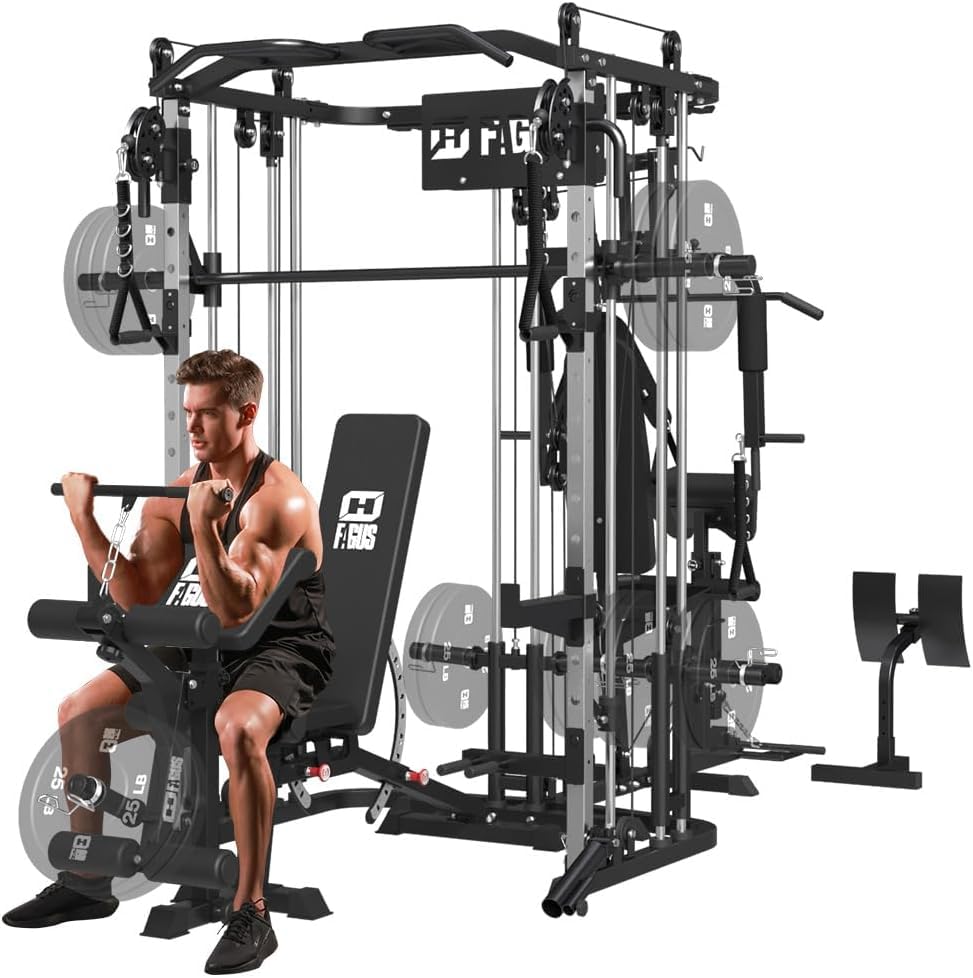 All in One Home Gym System Workout Station, Multi-Function Smithe Machine Power Cage with Cable Crossover System, Tripe-Sided Independent Load Posts, Functional Trainer for Full Body Training