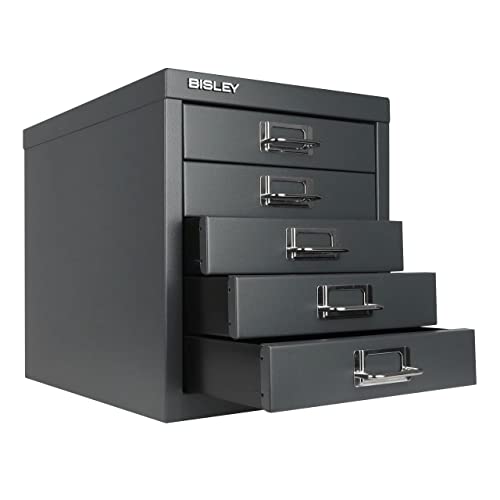 Bisley 10-Drawer Steel MultiDrawer Cabinet - Black, Chrome Pull Handles with Label Holders, Powder-Coated Steel, Removable Drawers, Fits Under Most Desks, Labels Included