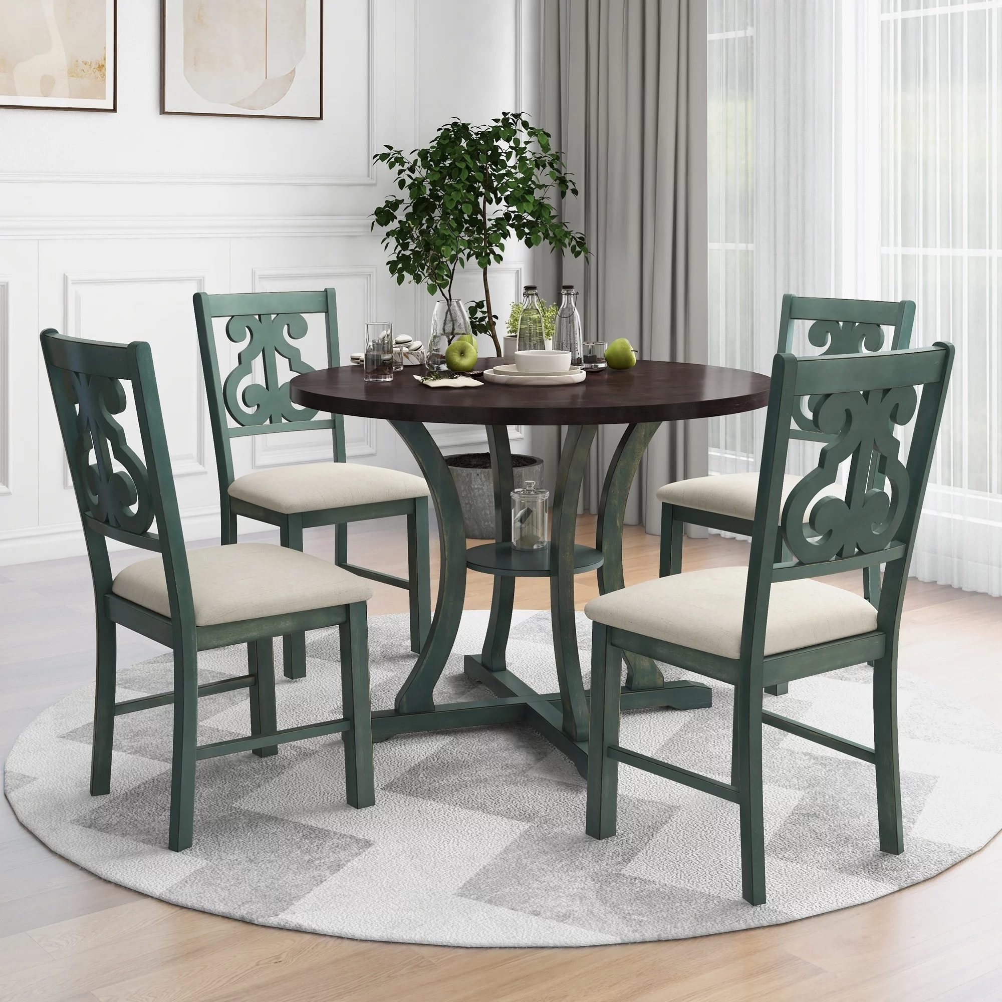 Retro 5-Piece Round Dining Table Set with Exquisite Hollow Chair Back