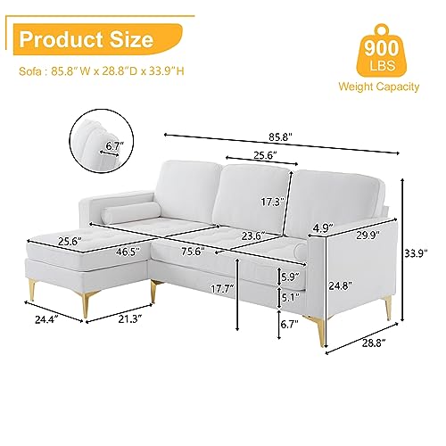Karl home L-Shape Sectional Sofa Linen Fabric Sofa Couch Living Room Futon Couch with Reversible Chaise, Lattice Decored Seat Cushion, Beige