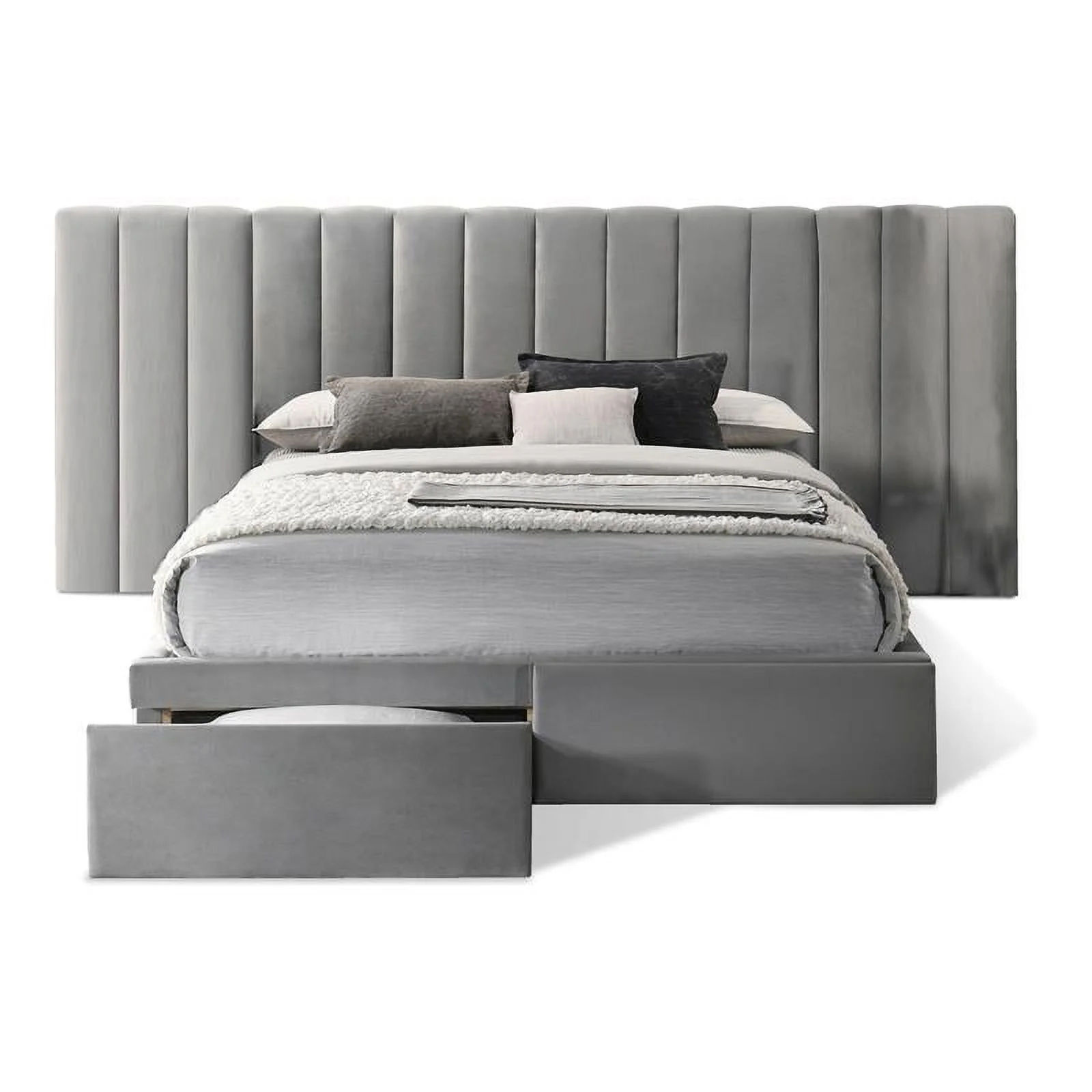 Uptown-Modern Solid Wood/Velvet Queen Headboard with Footboard in Gray