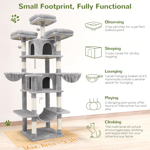 Globlazer Big Cat Tower for Indoor Cats, 80inch Cat Tower for Multiple Adult Cats XXL Cat Tree with Scratching Post, Hammock, 3 Perches, 2 Condos, 2 Hanging Basket, F80, Light Grey