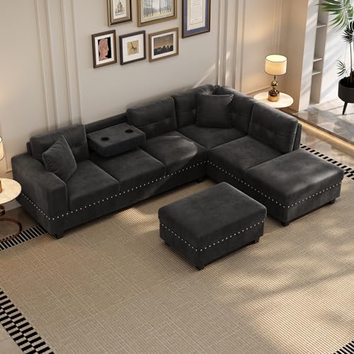 Merax Modern Sectional Sofa with Storage Ottoman, L Shaped Couch with 2 Pillows and 2 Cup Holders, Polyester Sectional Sofa with Reversible Chaise for Living Room, Home Office (Black)