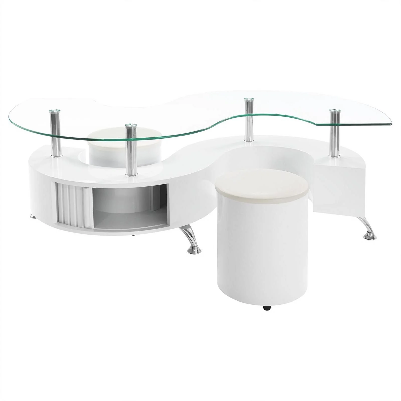 Pemberly Row Wood Curved Glass Top Coffee Table With Stools in White