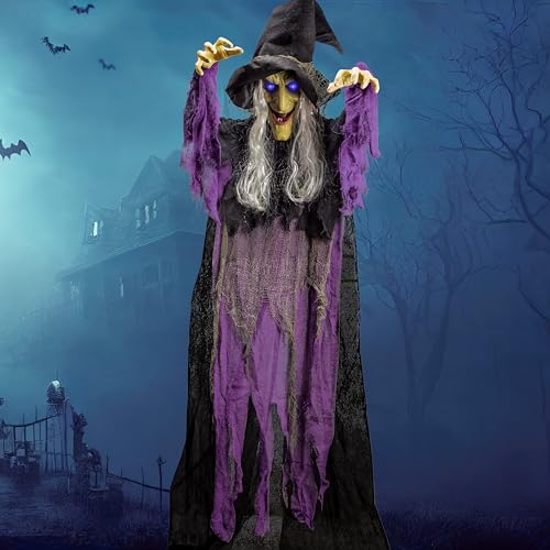 JOYIN 72” Halloween Hanging Witch Decorations Outdoor, Flying Talking Ghost Decor Light Up Eyes Sound Activated, Outside Indoor Haunted House Prop for Lawn Yard Garden, Purple