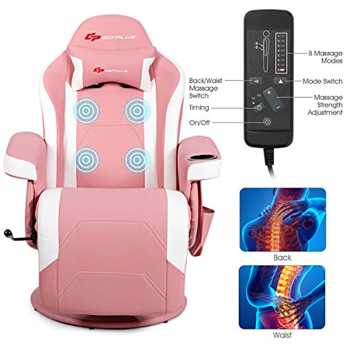 Goplus Massage Gaming Chair, Racing Style Gaming Recliner w/Adjustable Backrest and Footrest, Ergonomic High Back PU Leather Computer Office Chair Swivel Game Chair w/Cup Holder and Side Pouch