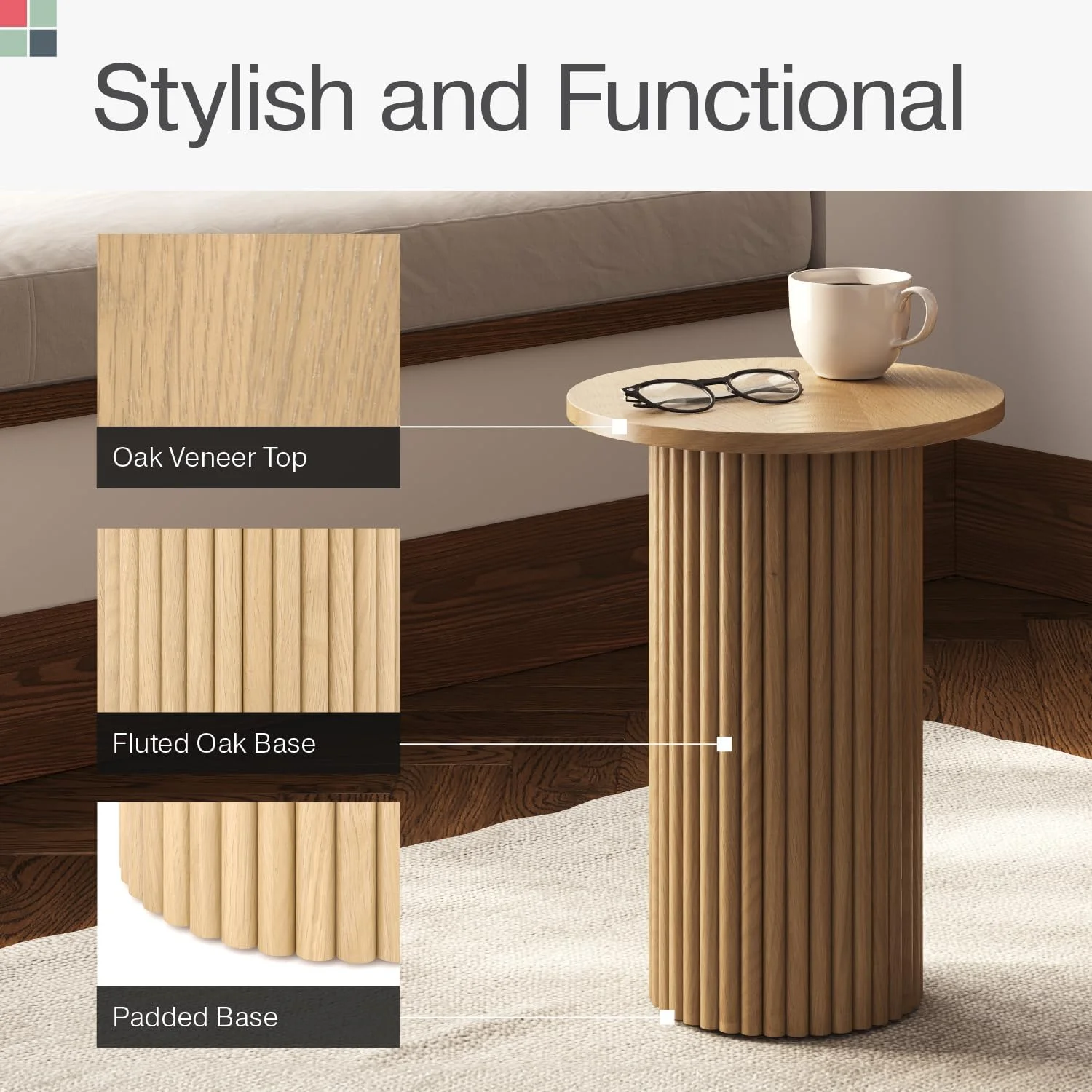 Round Fluted Accent Side Table - Pedestal Drink Table - Modern Home, Bedroom, and Living Room Furniture - Small Wooden Round End Table with a Solid Oak Base and Wood Veneer Top (Natural Oak Finish)
