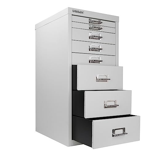 Bisley 10-Drawer Steel MultiDrawer Cabinet - Black, Chrome Pull Handles with Label Holders, Powder-Coated Steel, Removable Drawers, Fits Under Most Desks, Labels Included