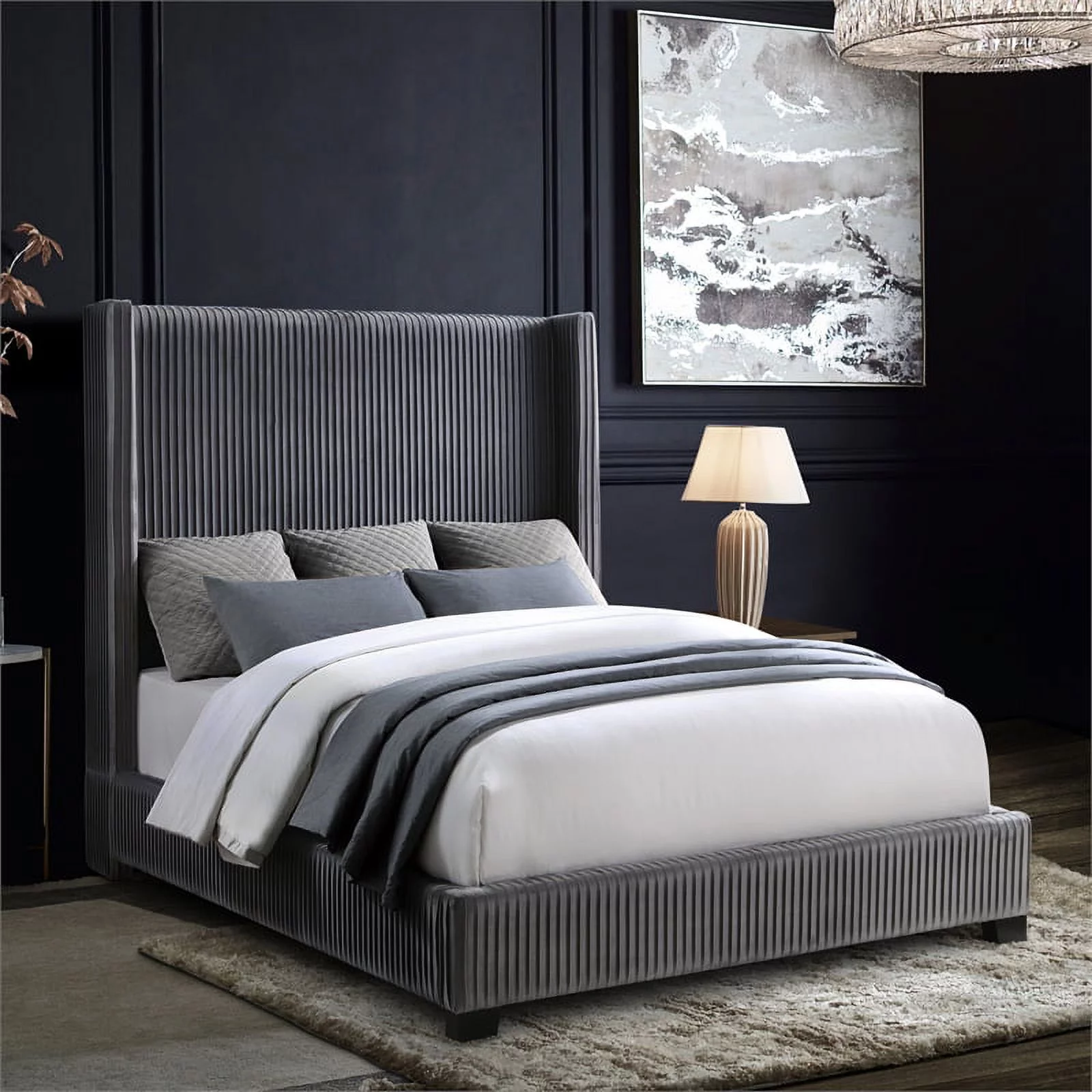 Lexicon Glenbury Velvet Full Upholstered Bed in Pleated Dark Gray