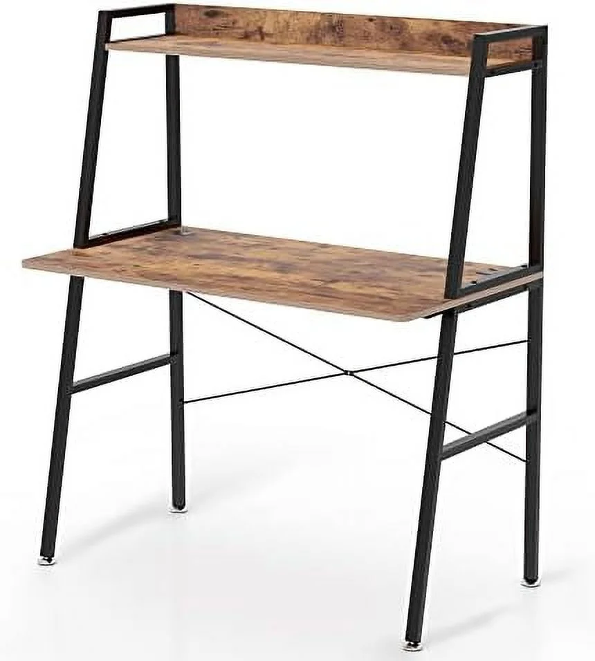 Small Computer Ladder Desk with  Shelves  43 Inch 2-Tier  Office Students Study Writing PC Gaming Table with Bookshelf  Workstation for Space Saving  Metal Frame  Rustic Brown