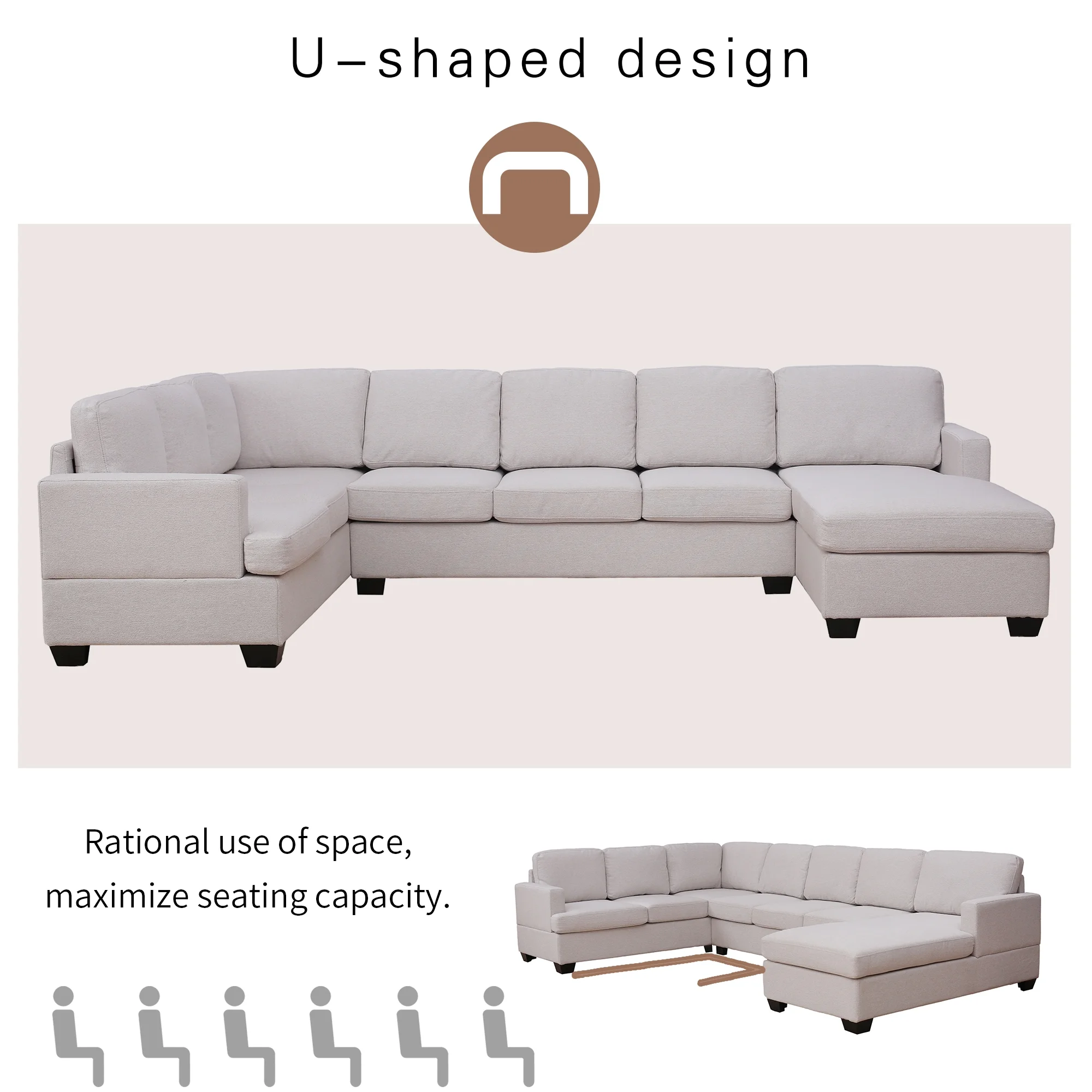 Dawn Whisper Modern Large Upholstered U-Shape Sectional Sofa, Extra Wide Chaise Lounge Couch, Beige
