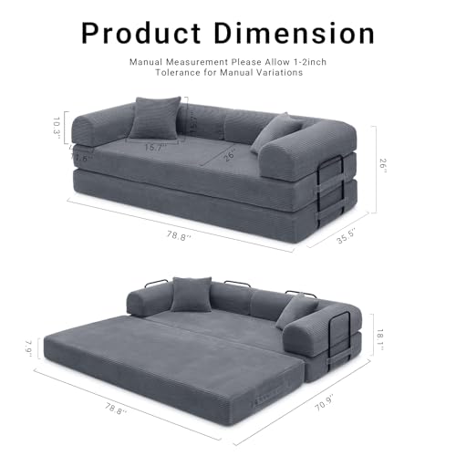 79'' Convertible Sleeper Sofa Bed, Modular Loveseat Small Couches for Small Spaces, Futon Sofa Bed Furniture, Lounge Floor Couch for Living Room, Bedroom, Apartment (Corduroy Fabric, Dark Gray)