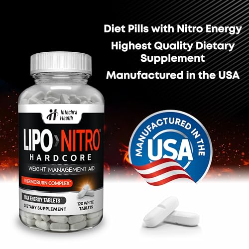 LipoNitro® Thermo-Burn Diet Pills with Nitro Energy Dietary Supplement Manufactured in USA - 120 White Tablets