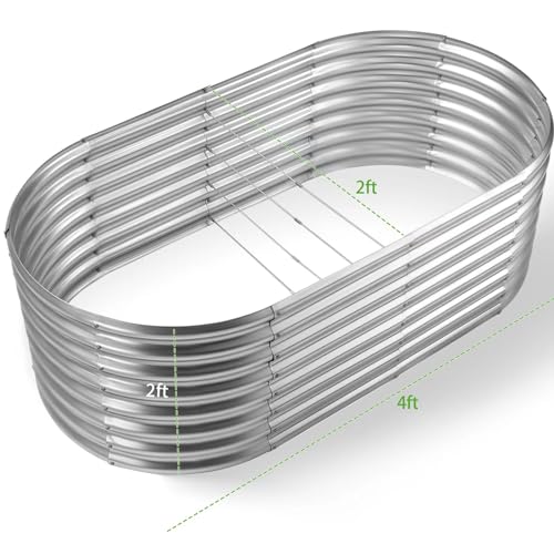 Land Guard 24“ Tall Galvanized Raised Garden Bed Kit, Galvanized Planter Garden Boxes Outdoor, Oval Large Metal Raised Garden Bed for Vegetables (Classic Silver, 4×2×2ft)