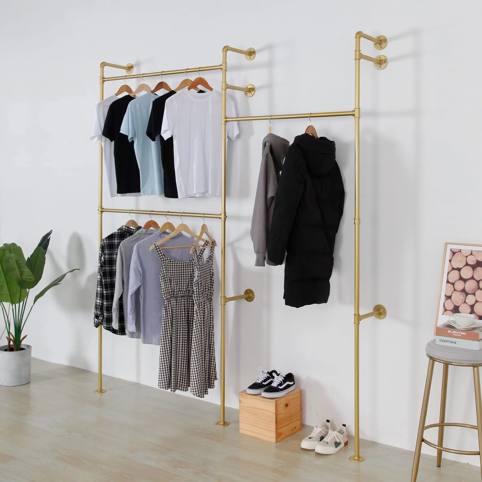 SSS Furniture Modern Simple Industrial Pipe Double Hanging Rods Clothing Rack, Clothes Rack Wall Mounted Heavy Duty Hanging Clothes Rack, Detachable Garment Bar 93.3X82.7inch (Gold)