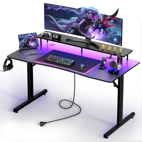 GTRACING 55 Inch Gaming Desk with LED Lights, Computer Gamer Desk with Monitor Stand, Ergonomic Carbon Fiber Surface Gaming Table with Mouse Pad for Home Office, RGB