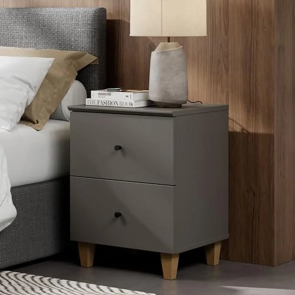RUNFAYBIU Nightstands with Charging Station&2 Drawers    Modern End Tables Farmhouse Wood Bedside Table with 2 AC Outlets & USB Ports for Living Room and Bedroom  Dark Grey