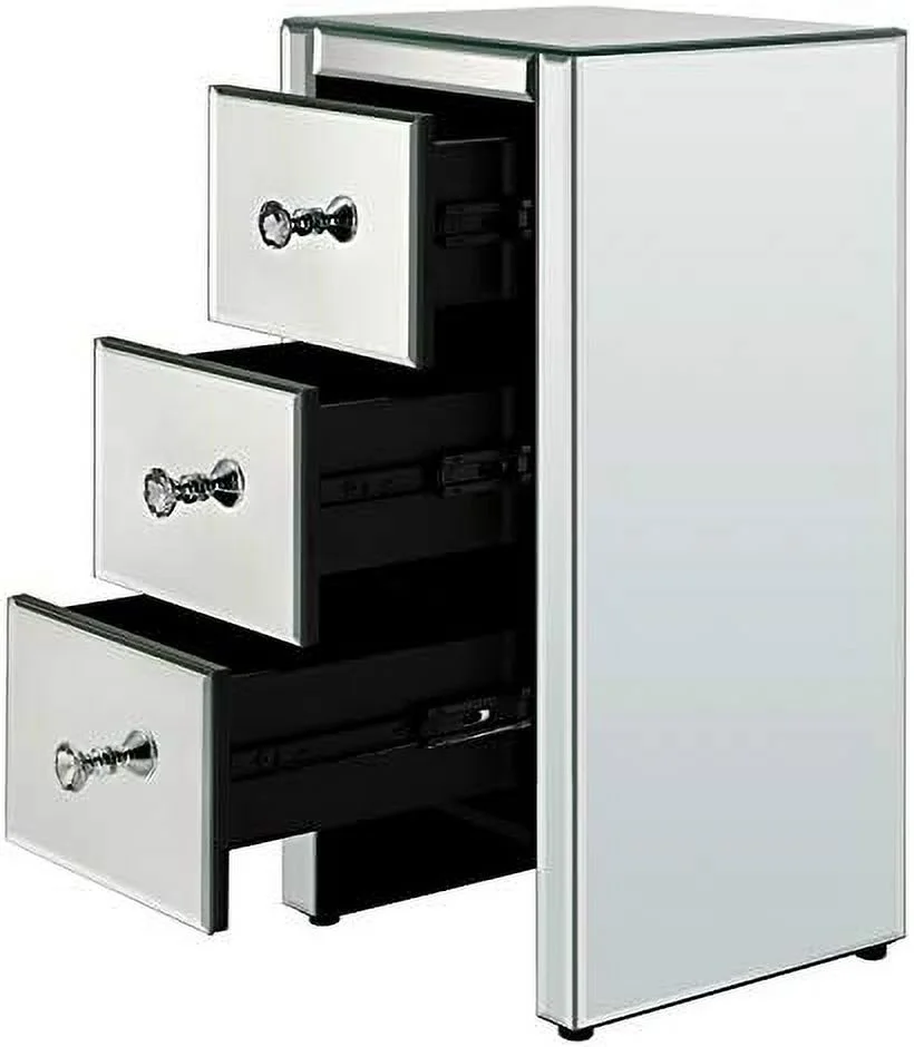 RUNFAYBIU Mirrored Nightstand  Mirrored End Table with 3 Drawers and Crystal-Style Knobs   Mirrored Bedside Table for Bedroom  Living Room  Small Place  Silver  11.81" L x 11.81"