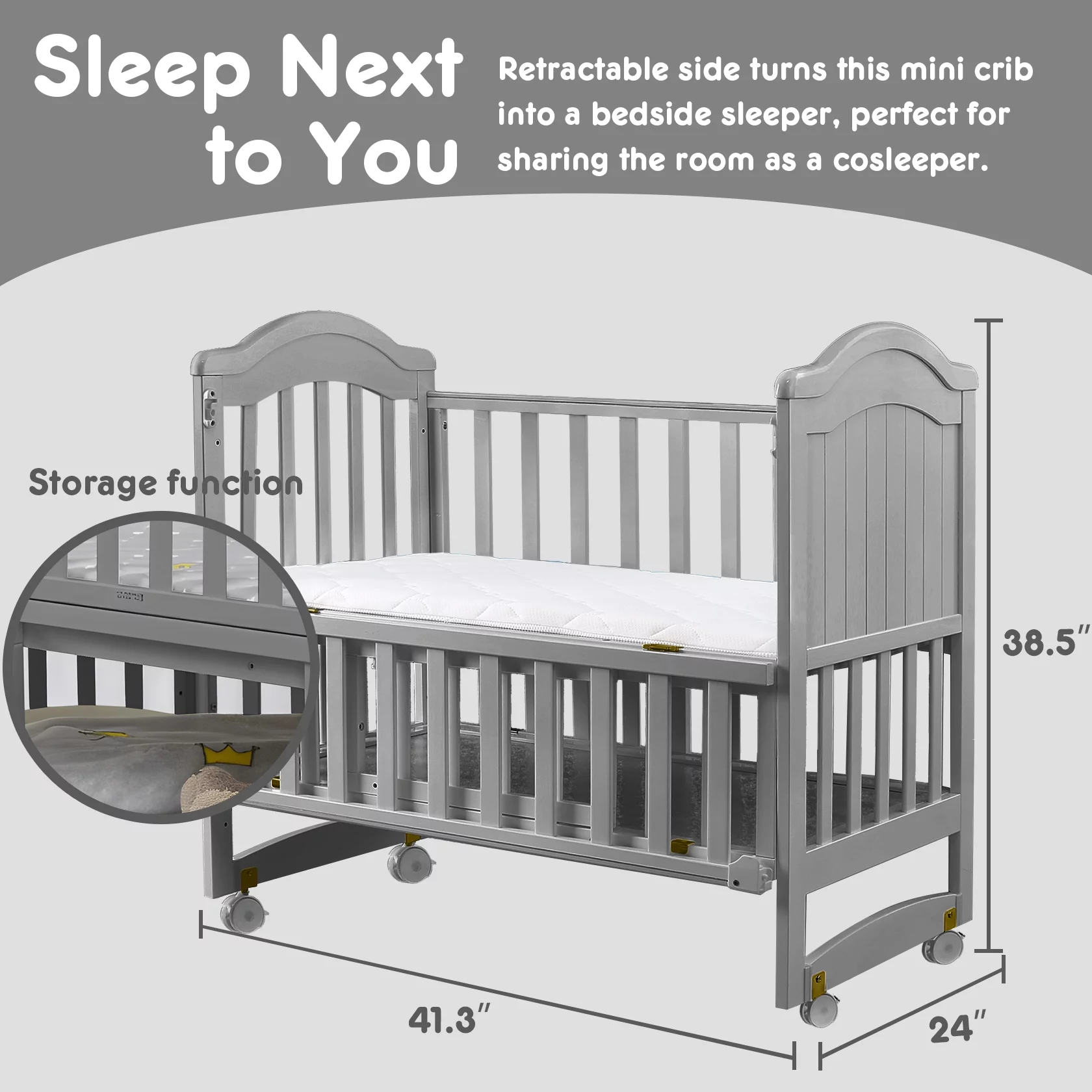 HARPPA 6-in-1 Convertible Mini Crib (Mattress + Mosquito Net Included), Gray