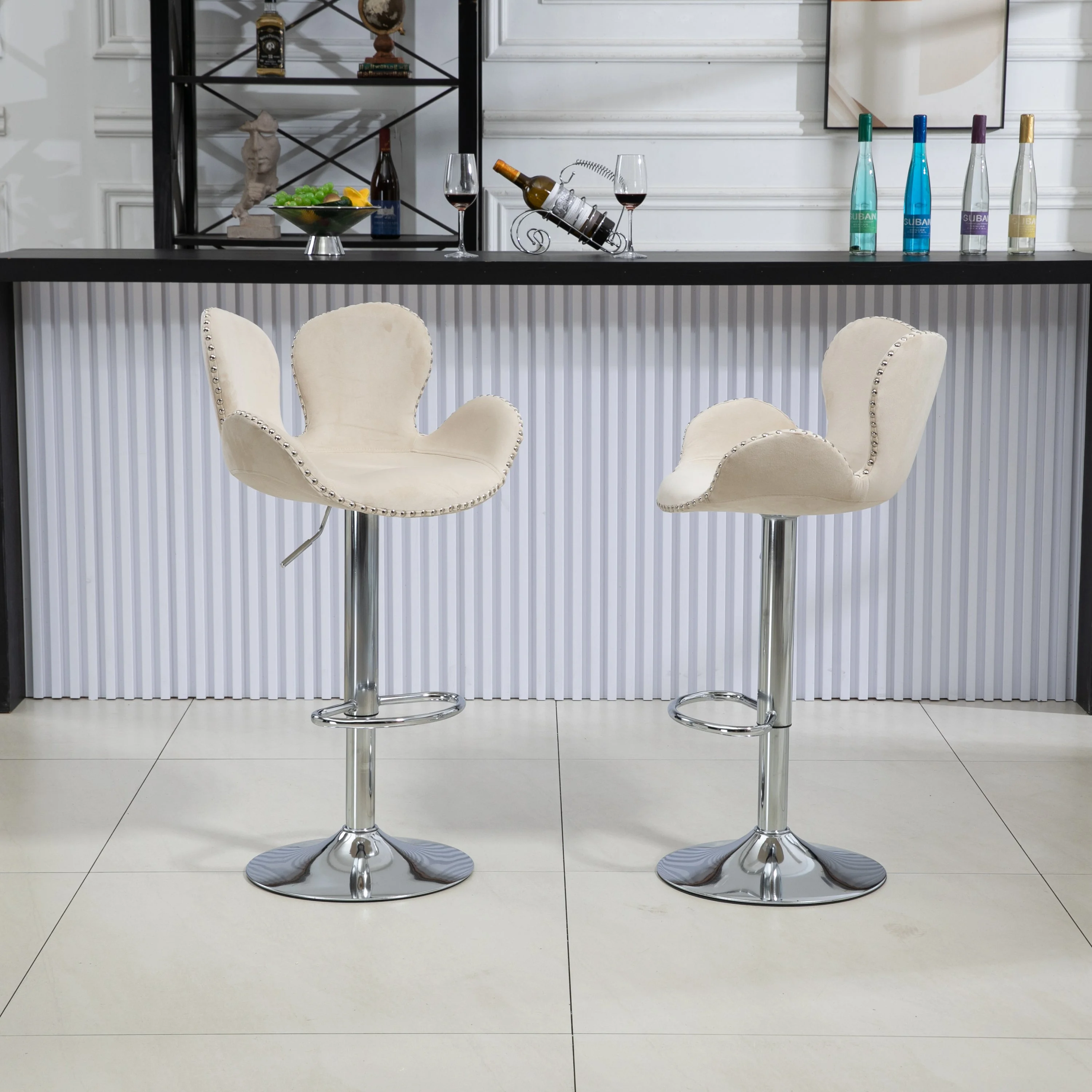 Clove Bar Stools with Back and Footrest  - Beige Set of 2