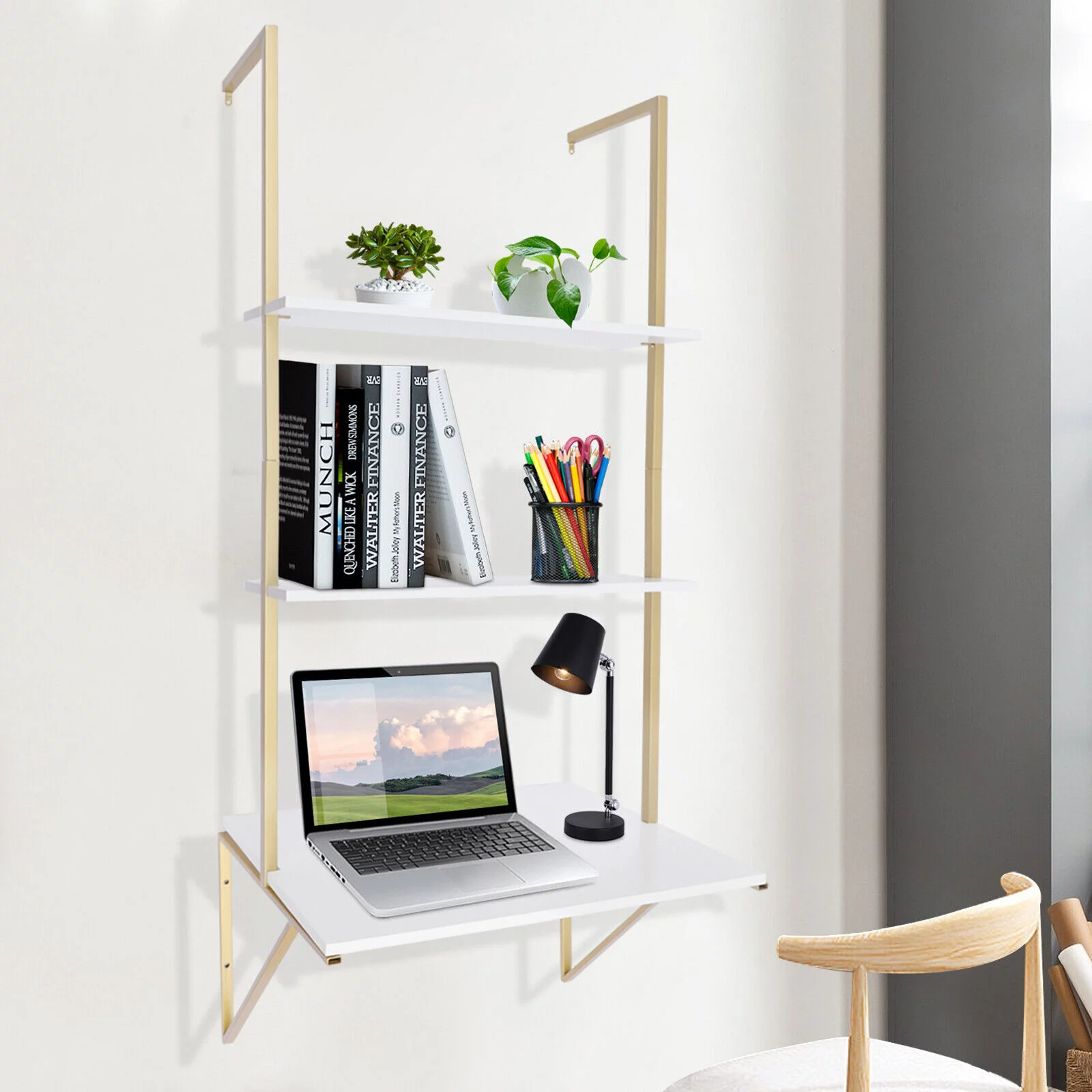 Wall-mounted Desk 3 Tier White Ladder Desk Max. Load: 20kg/44.09lbs W/Brackets 3-Tier Ladder Shelf Bookcase Bookshelf Drawers Wall Mount Living Room Bedroom Wall Mount Ladder Desk