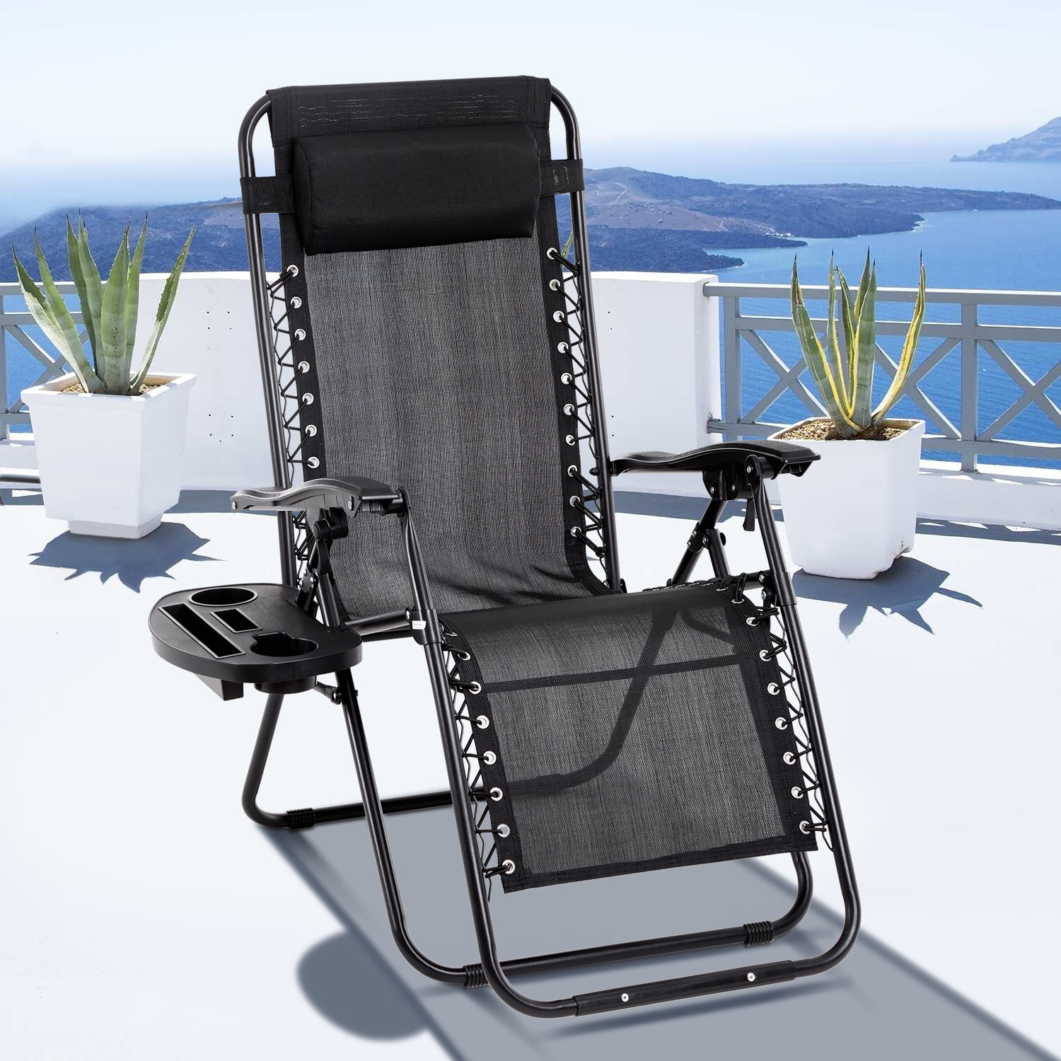 Dkeli Zero Gravity Chair Folding Mesh Zero Gravity Recliner with Cup Holder and Pillow Support 300lbs for Deck, Lawn, Poolside, Camping, Black