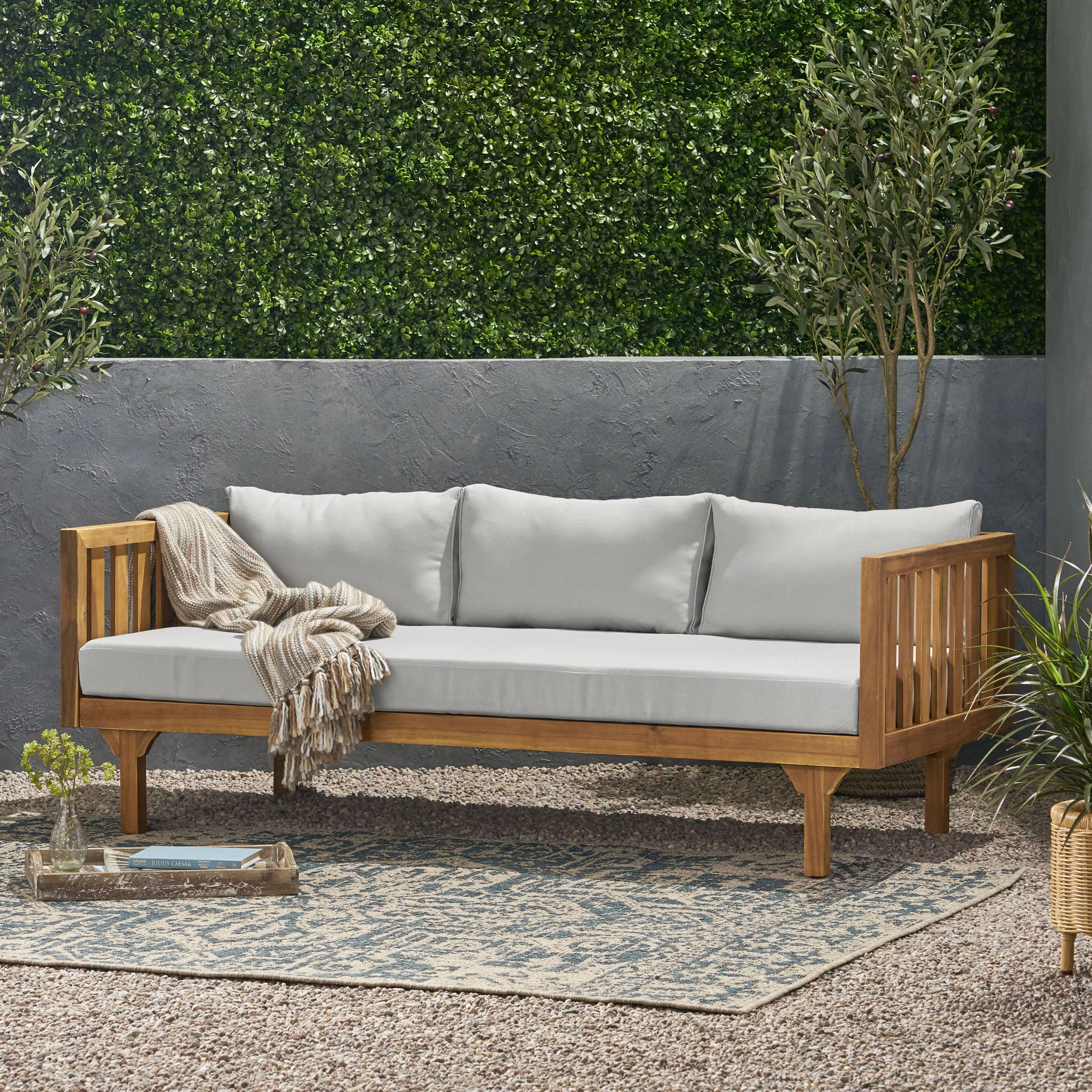 Noble House Lainey Outdoor 3-Seater Acacia Wood Daybed, Teak, Light Gray